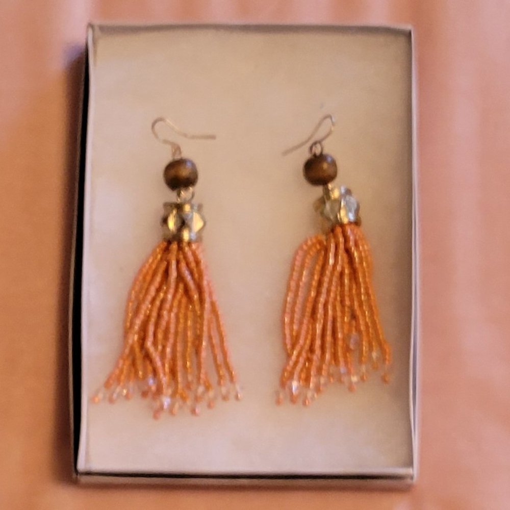 Silverworks orange beaded rustic vtg long  tassel fringe earrings - - Picture 2 of 3